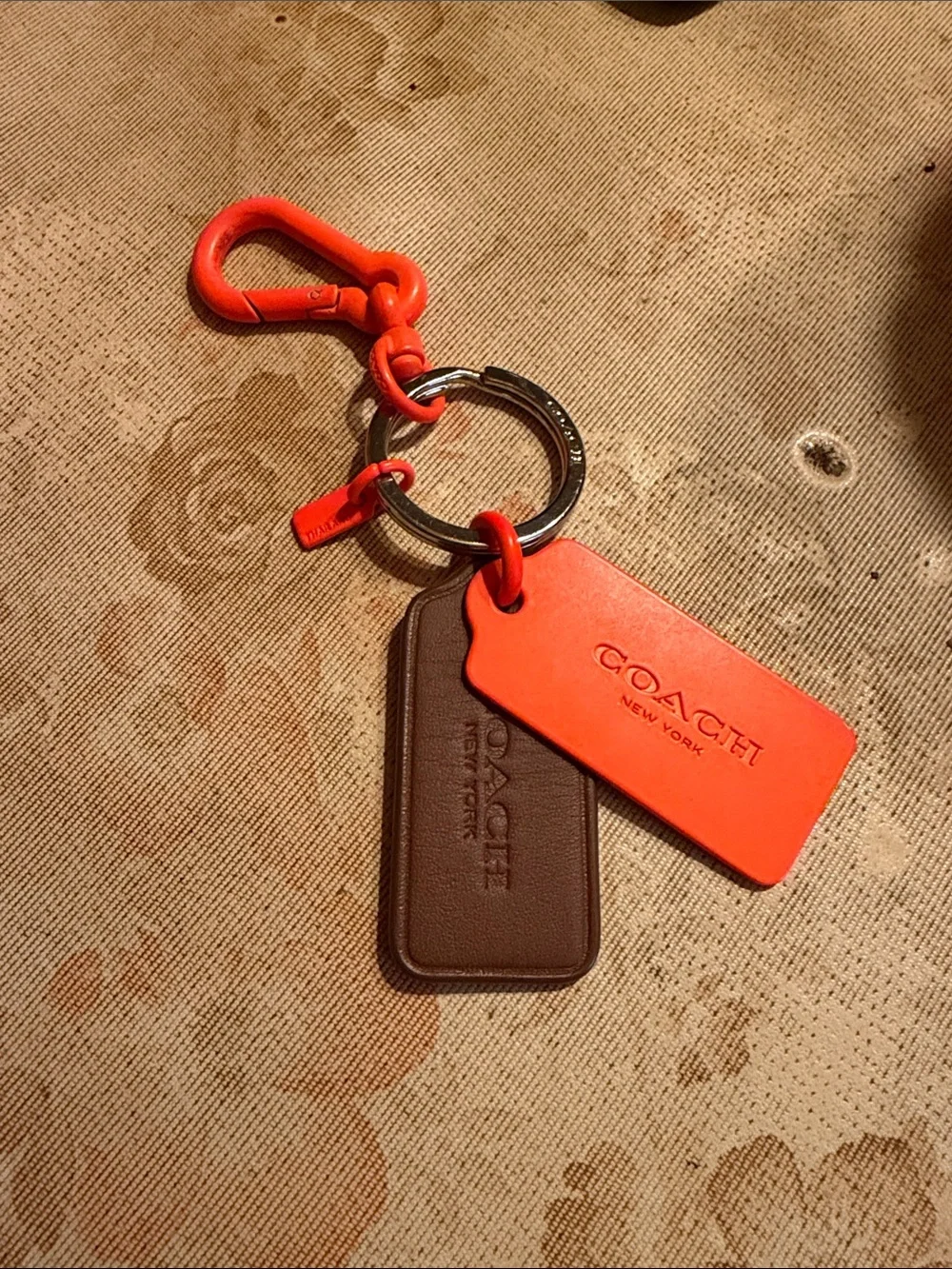 COACH Orange and Brown Leather Double Tag Keychain